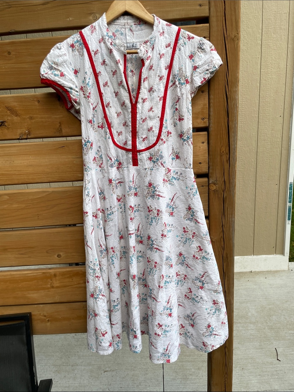 Vintage Touché White Floral Midi Dress with Red Trim size 6-8